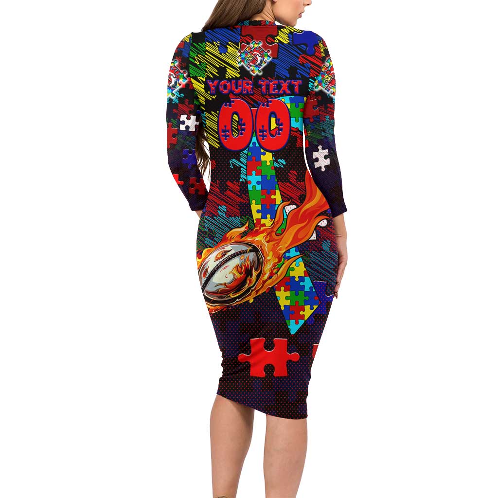 Roosters Autism Awareness Long Sleeve Bodycon Dress Puzzle Flames Rugby Ball