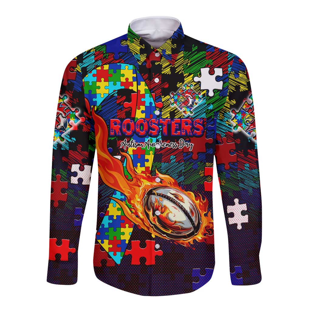 Roosters Autism Awareness Long Sleeve Button Shirt Puzzle Flames Rugby Ball