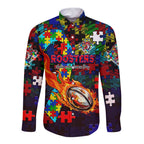 Roosters Autism Awareness Long Sleeve Button Shirt Puzzle Flames Rugby Ball