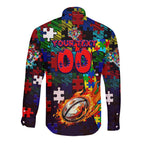 Roosters Autism Awareness Long Sleeve Button Shirt Puzzle Flames Rugby Ball