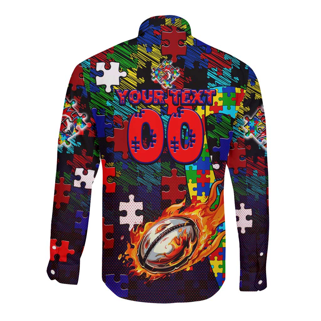 Roosters Autism Awareness Long Sleeve Button Shirt Puzzle Flames Rugby Ball