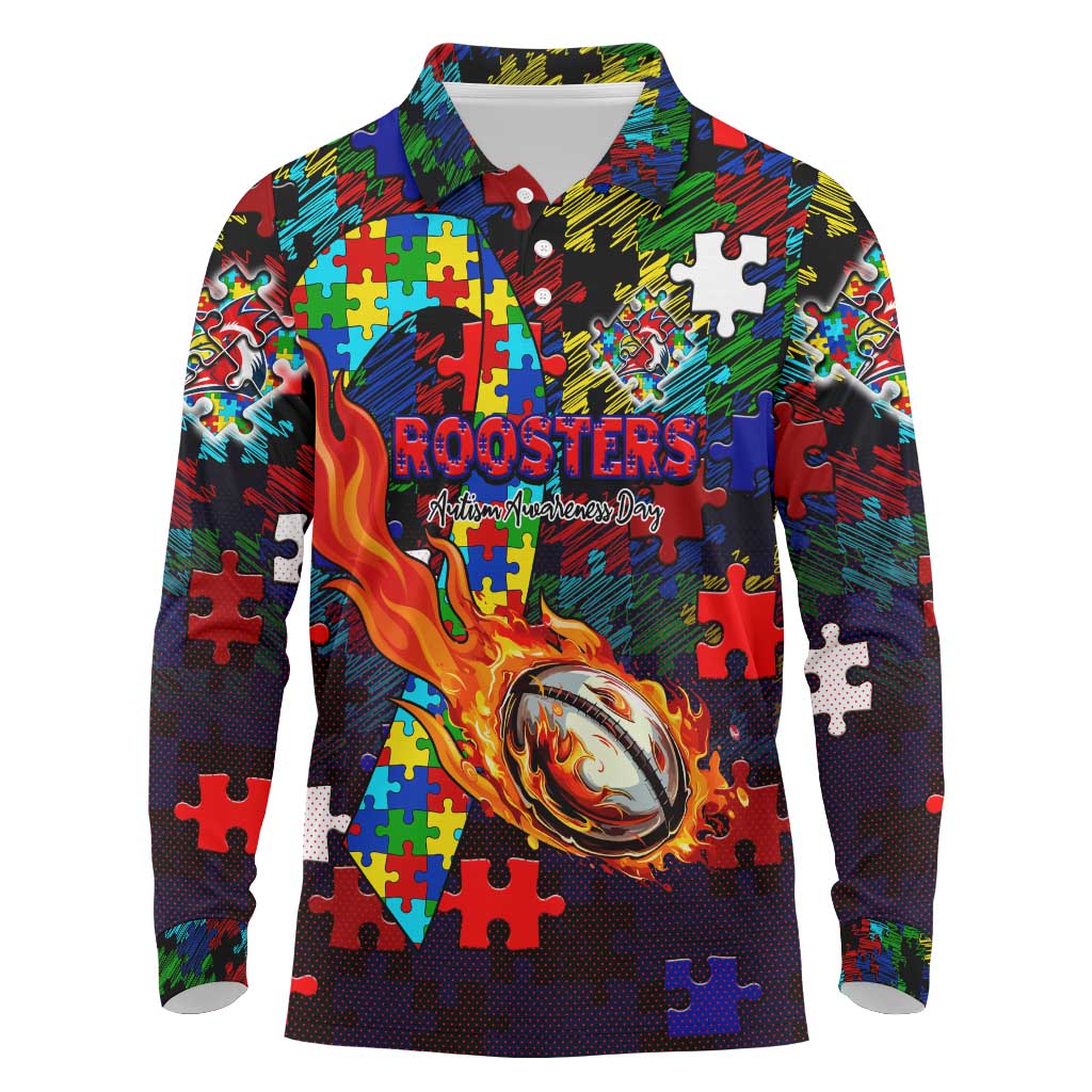 Roosters Autism Awareness Long Sleeve Polo Shirt Puzzle Flames Rugby Ball