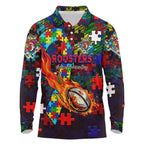 Roosters Autism Awareness Long Sleeve Polo Shirt Puzzle Flames Rugby Ball