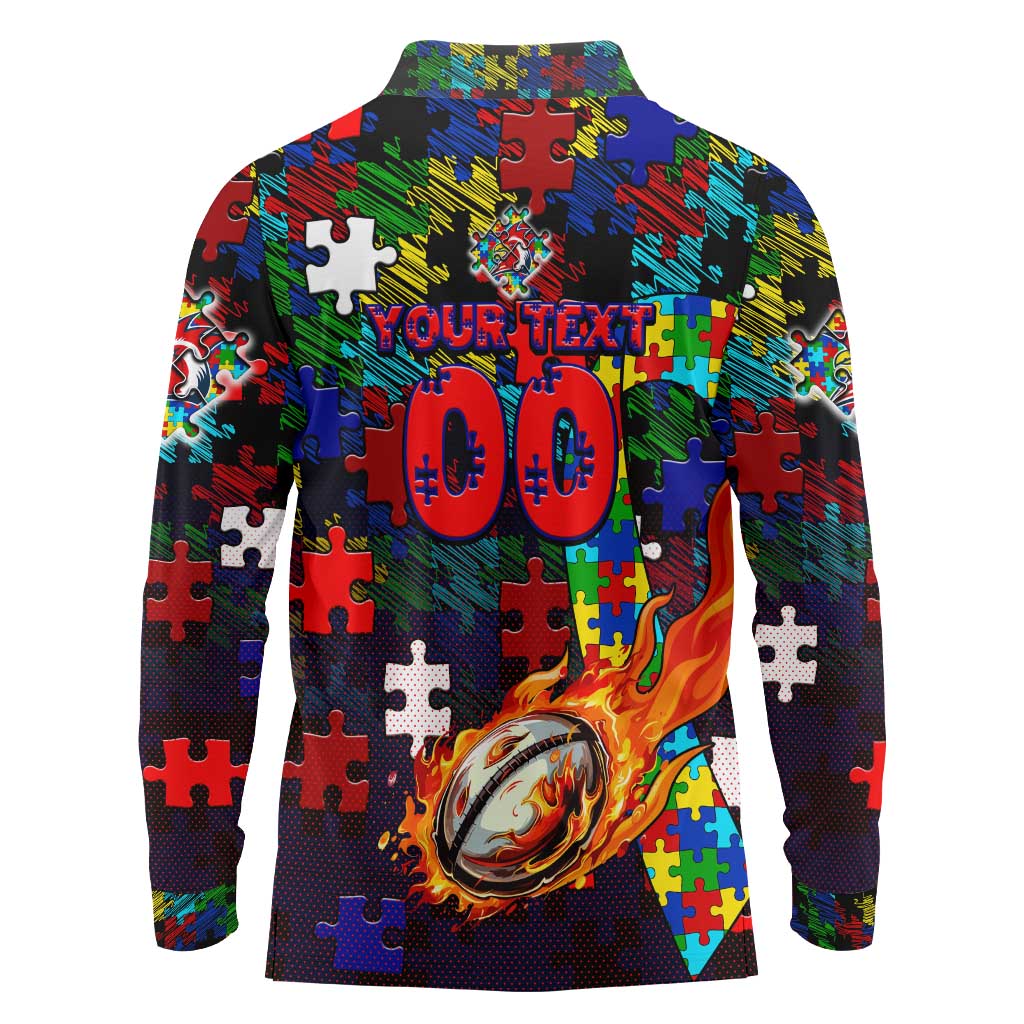 Roosters Autism Awareness Long Sleeve Polo Shirt Puzzle Flames Rugby Ball
