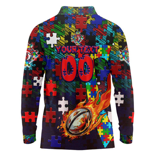 Roosters Autism Awareness Long Sleeve Polo Shirt Puzzle Flames Rugby Ball