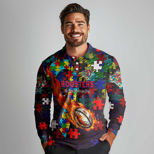 Roosters Autism Awareness Long Sleeve Polo Shirt Puzzle Flames Rugby Ball
