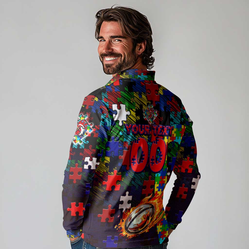 Roosters Autism Awareness Long Sleeve Polo Shirt Puzzle Flames Rugby Ball