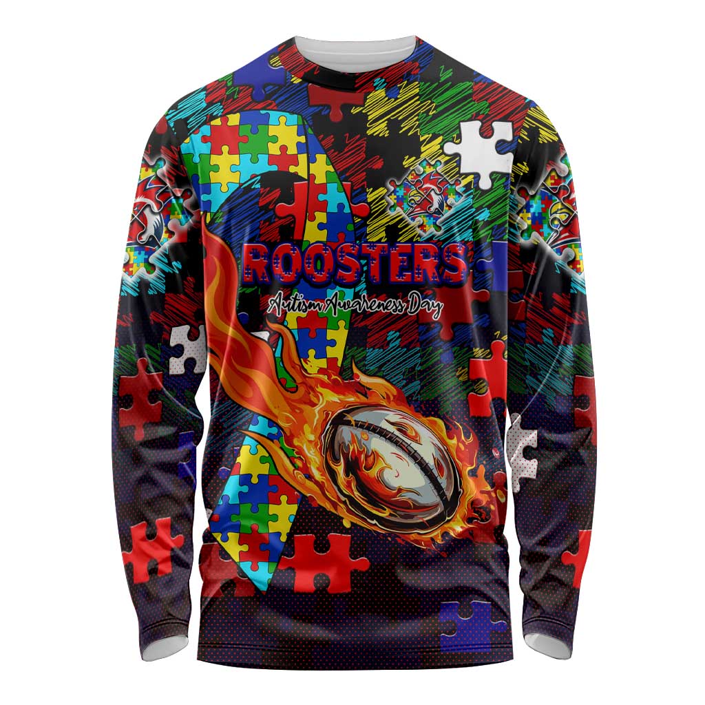 Roosters Autism Awareness Long Sleeve Shirt Puzzle Flames Rugby Ball