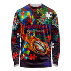Roosters Autism Awareness Long Sleeve Shirt Puzzle Flames Rugby Ball
