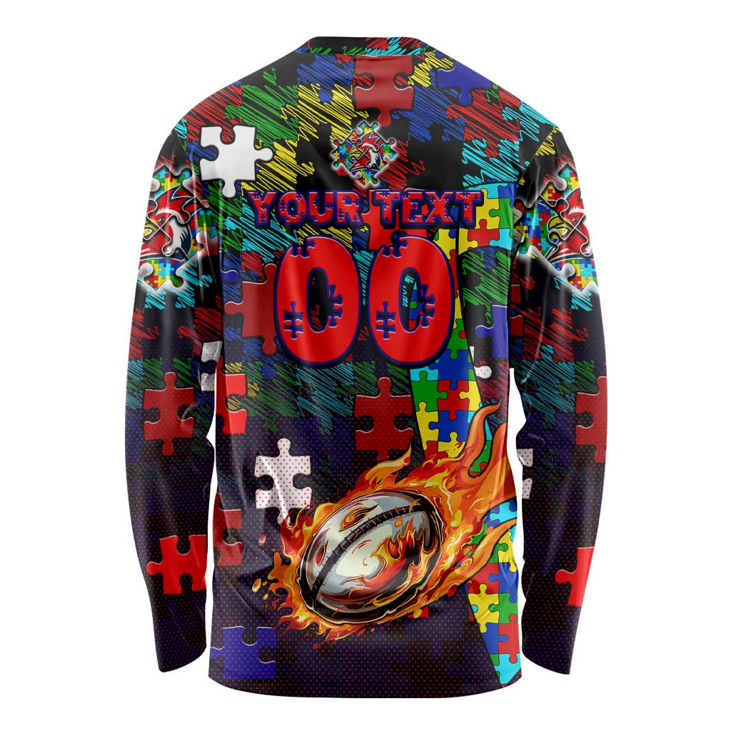 Roosters Autism Awareness Long Sleeve Shirt Puzzle Flames Rugby Ball