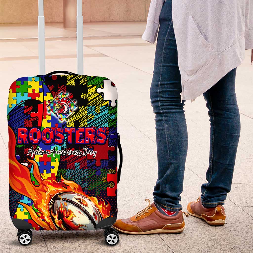 Roosters Autism Awareness Luggage Cover Puzzle Flames Rugby Ball