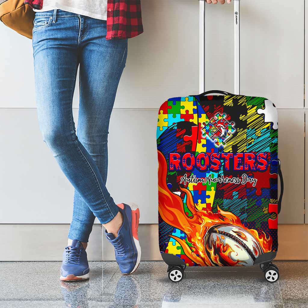 Roosters Autism Awareness Luggage Cover Puzzle Flames Rugby Ball