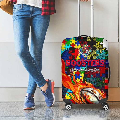 Roosters Autism Awareness Luggage Cover Puzzle Flames Rugby Ball