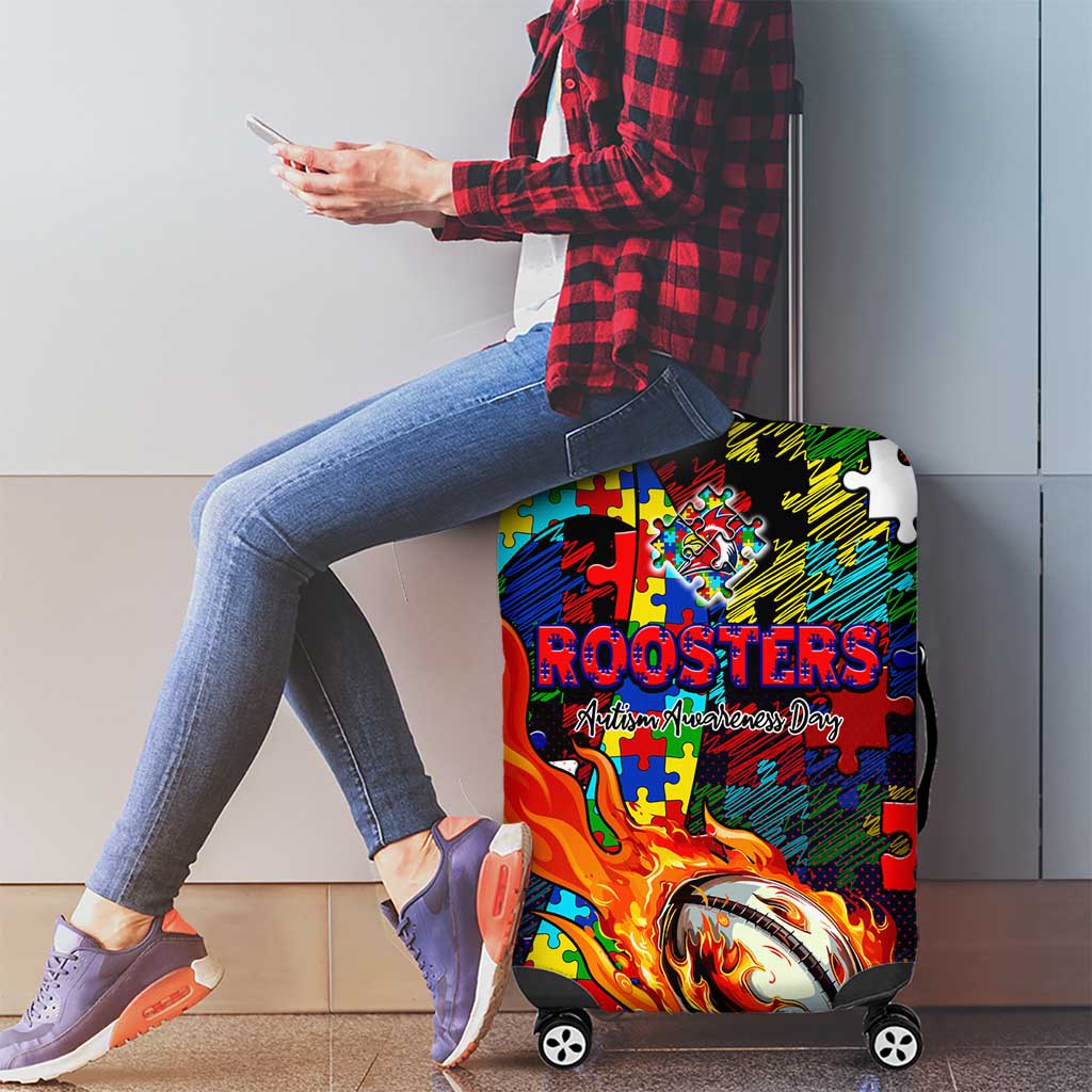 Roosters Autism Awareness Luggage Cover Puzzle Flames Rugby Ball