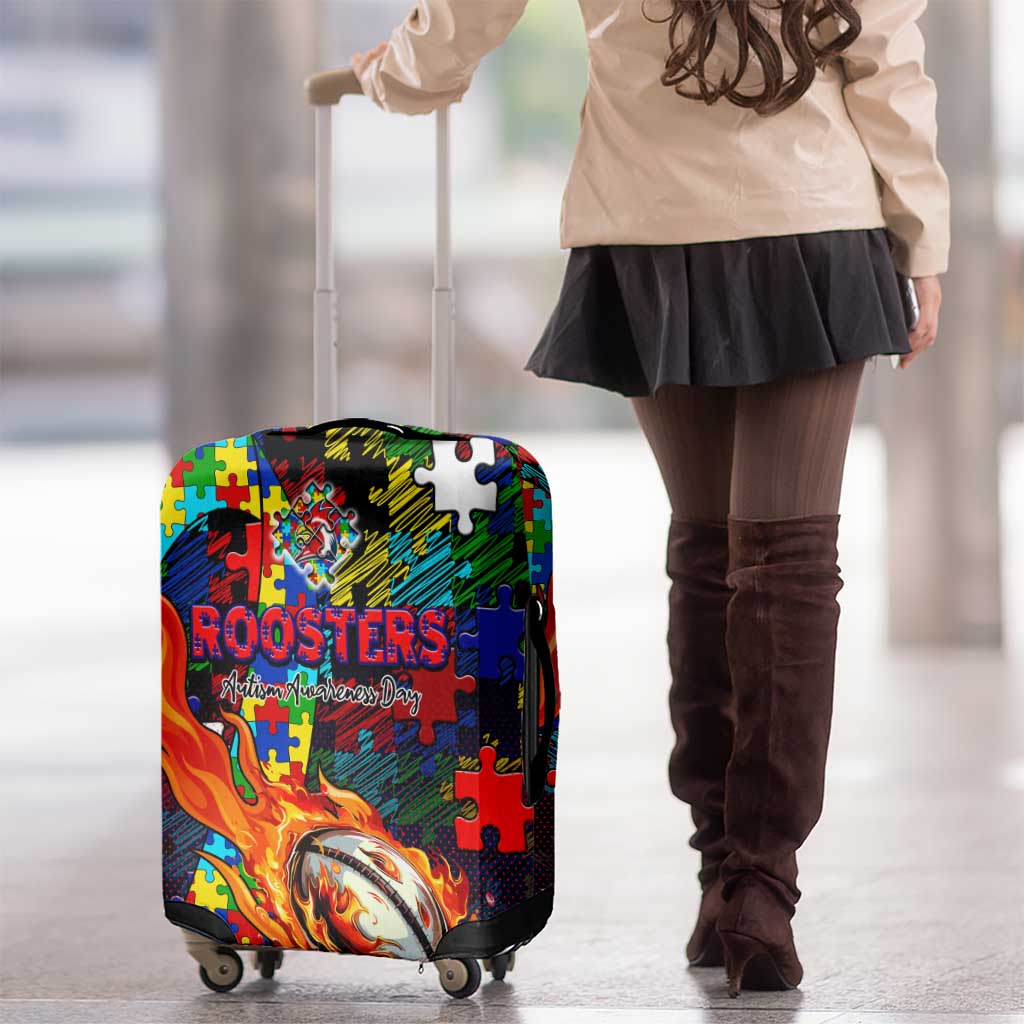 Roosters Autism Awareness Luggage Cover Puzzle Flames Rugby Ball