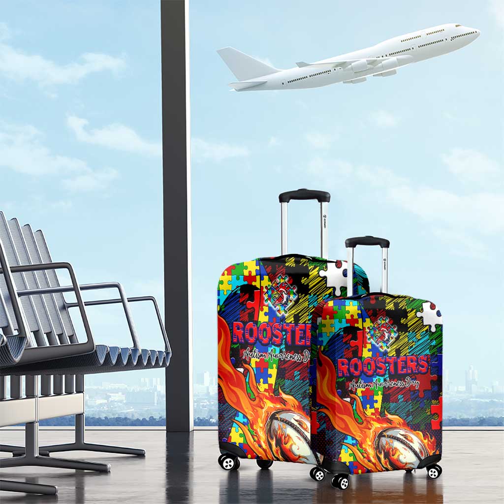 Roosters Autism Awareness Luggage Cover Puzzle Flames Rugby Ball