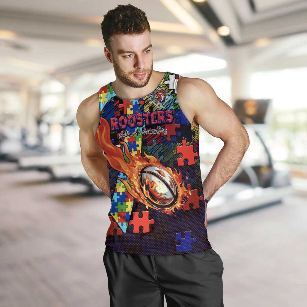 Roosters Autism Awareness Men Tank Top Puzzle Flames Rugby Ball