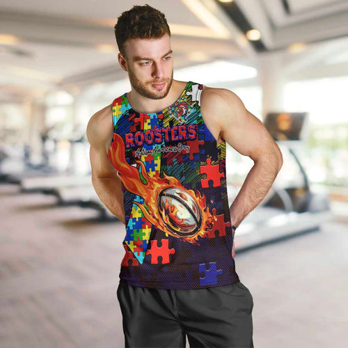 Roosters Autism Awareness Men Tank Top Puzzle Flames Rugby Ball