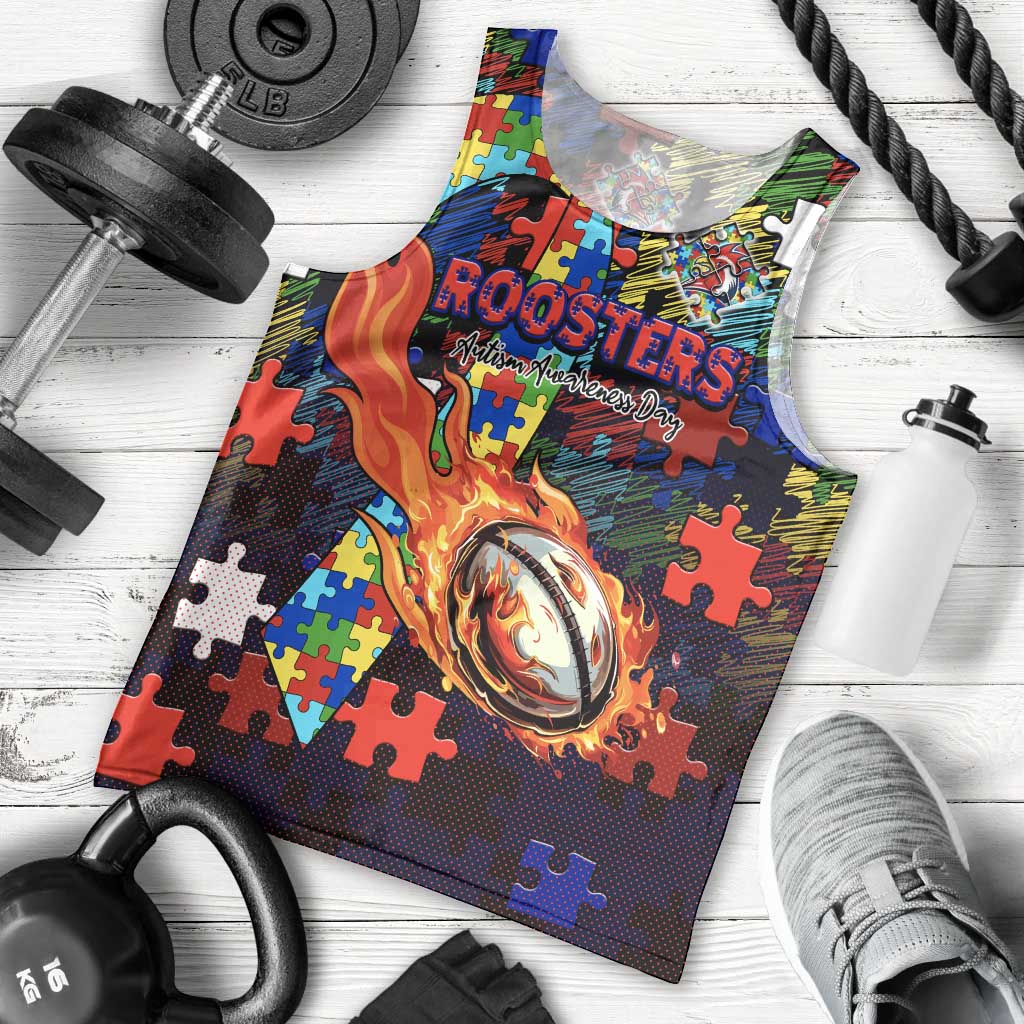 Roosters Autism Awareness Men Tank Top Puzzle Flames Rugby Ball