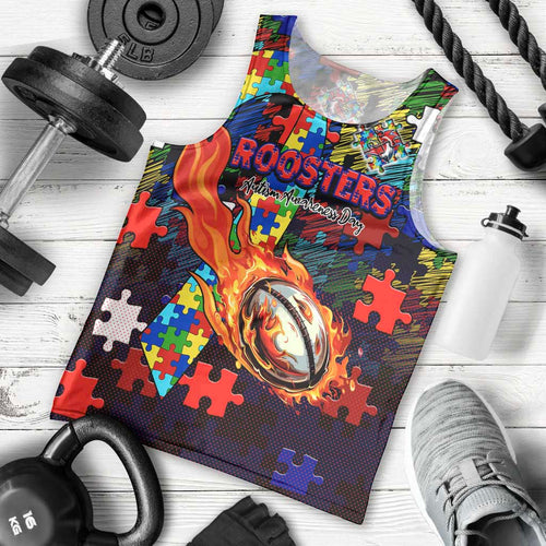 Roosters Autism Awareness Men Tank Top Puzzle Flames Rugby Ball