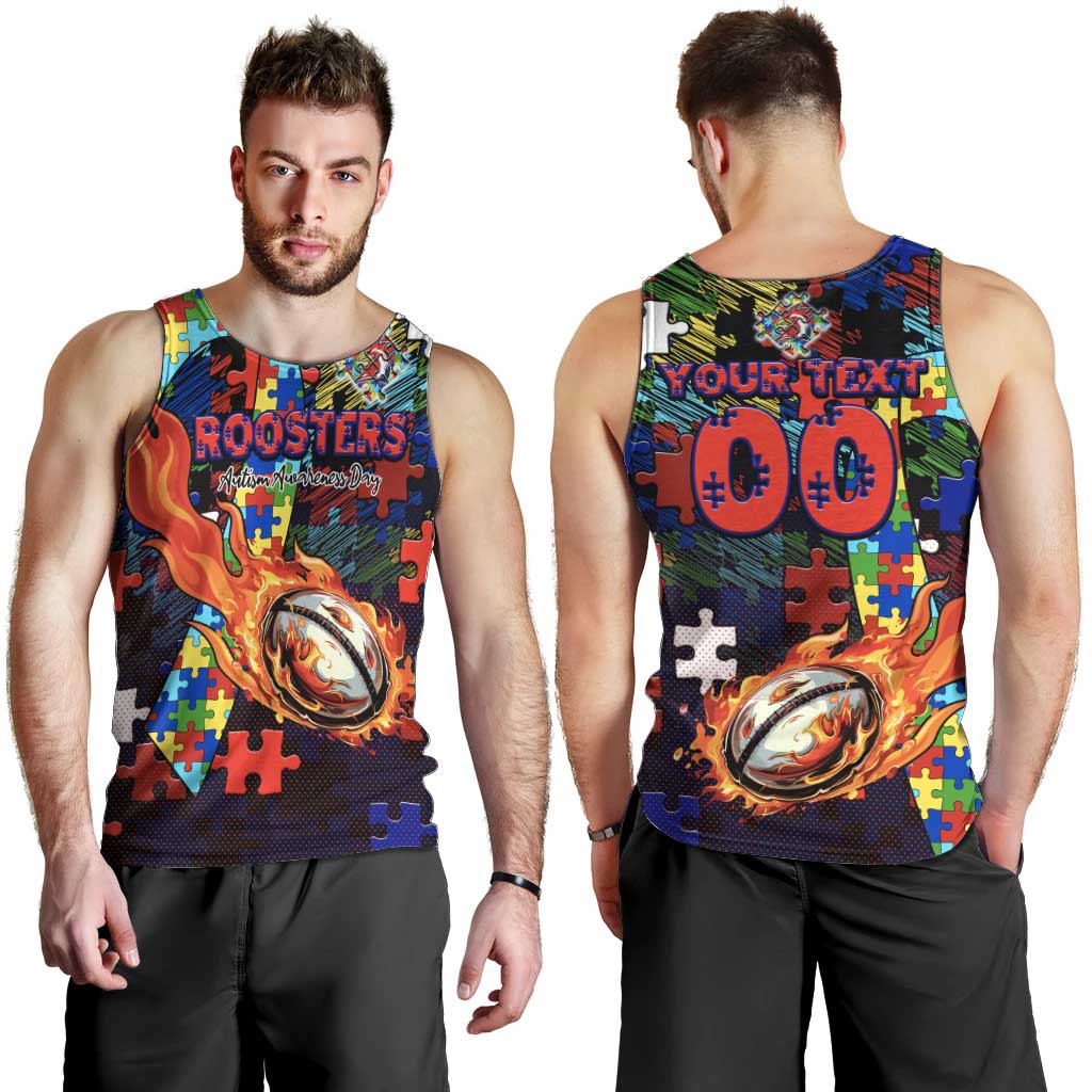Roosters Autism Awareness Men Tank Top Puzzle Flames Rugby Ball