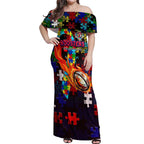 Roosters Autism Awareness Off Shoulder Maxi Dress Puzzle Flames Rugby Ball