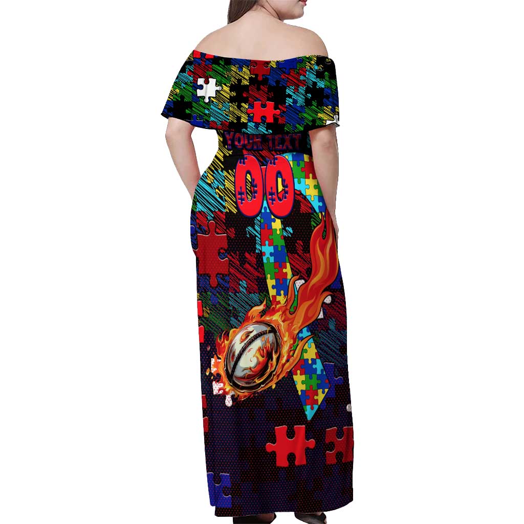 Roosters Autism Awareness Off Shoulder Maxi Dress Puzzle Flames Rugby Ball