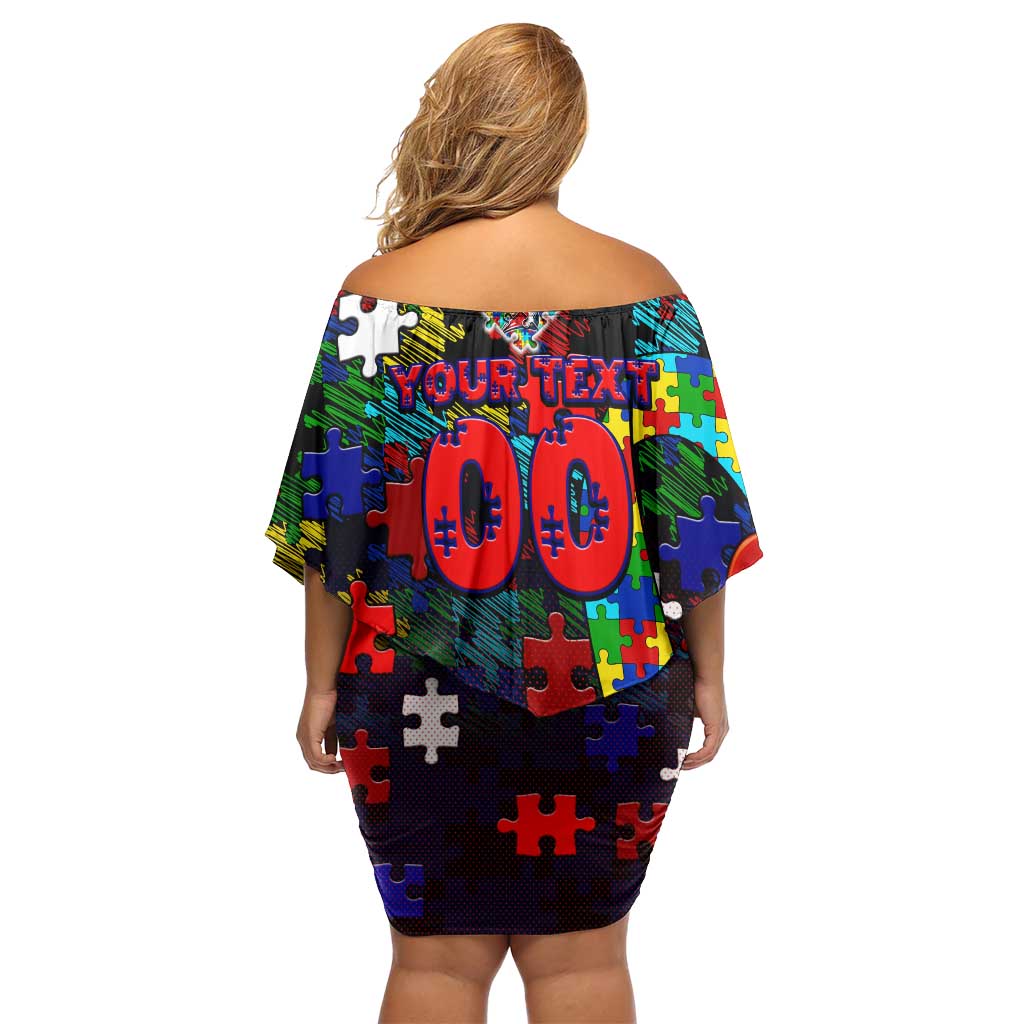Roosters Autism Awareness Off Shoulder Short Dress Puzzle Flames Rugby Ball