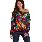 Roosters Autism Awareness Off Shoulder Sweater Puzzle Flames Rugby Ball