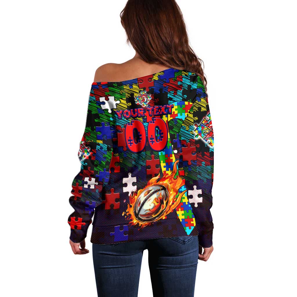 Roosters Autism Awareness Off Shoulder Sweater Puzzle Flames Rugby Ball