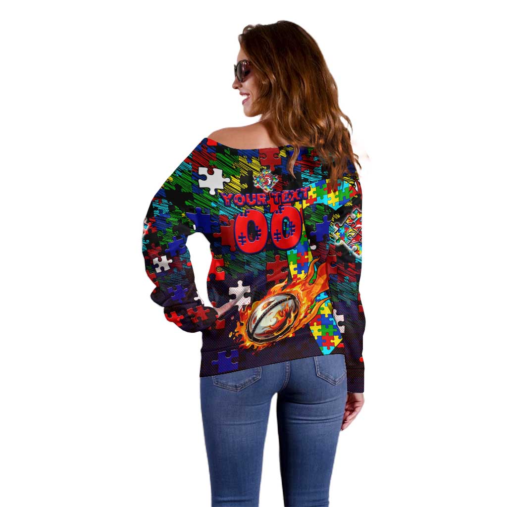 Roosters Autism Awareness Off Shoulder Sweater Puzzle Flames Rugby Ball