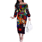 Roosters Autism Awareness Off The Shoulder Long Sleeve Dress Puzzle Flames Rugby Ball