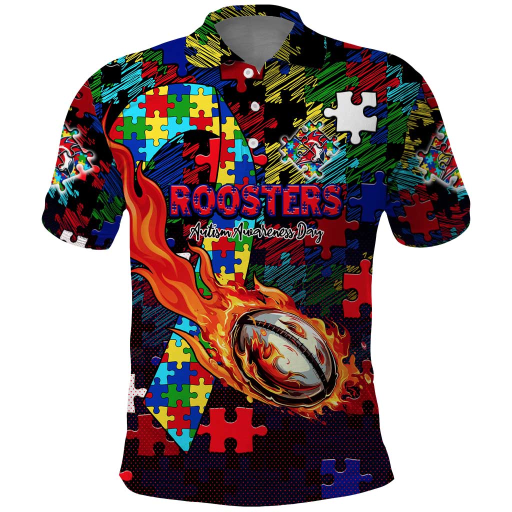 Roosters Autism Awareness Polo Shirt Puzzle Flames Rugby Ball