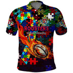 Roosters Autism Awareness Polo Shirt Puzzle Flames Rugby Ball