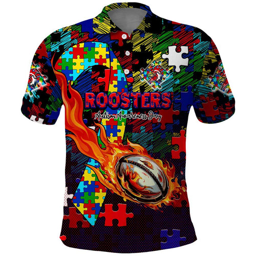 Roosters Autism Awareness Polo Shirt Puzzle Flames Rugby Ball