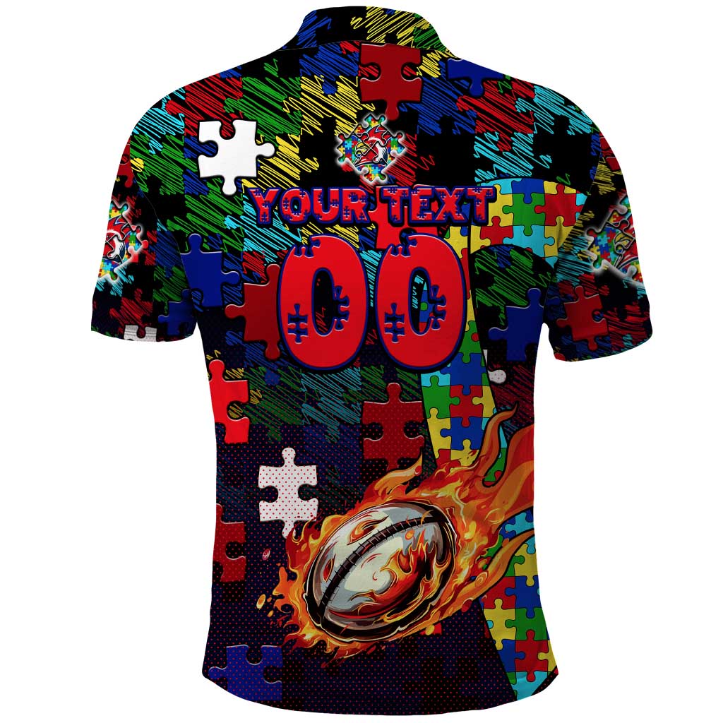 Roosters Autism Awareness Polo Shirt Puzzle Flames Rugby Ball