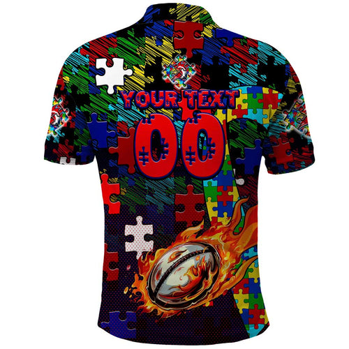 Roosters Autism Awareness Polo Shirt Puzzle Flames Rugby Ball