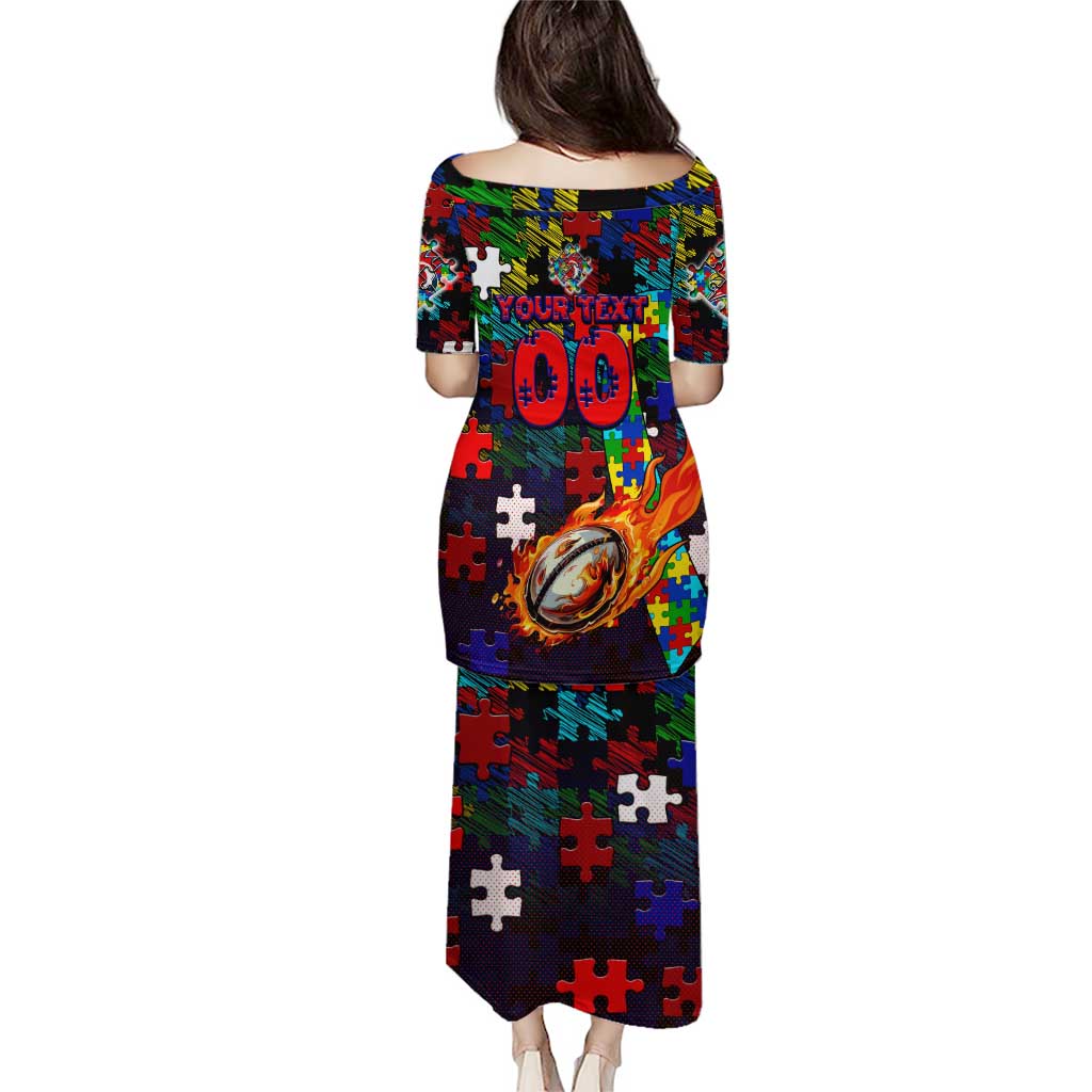 Roosters Autism Awareness Puletasi Puzzle Flames Rugby Ball