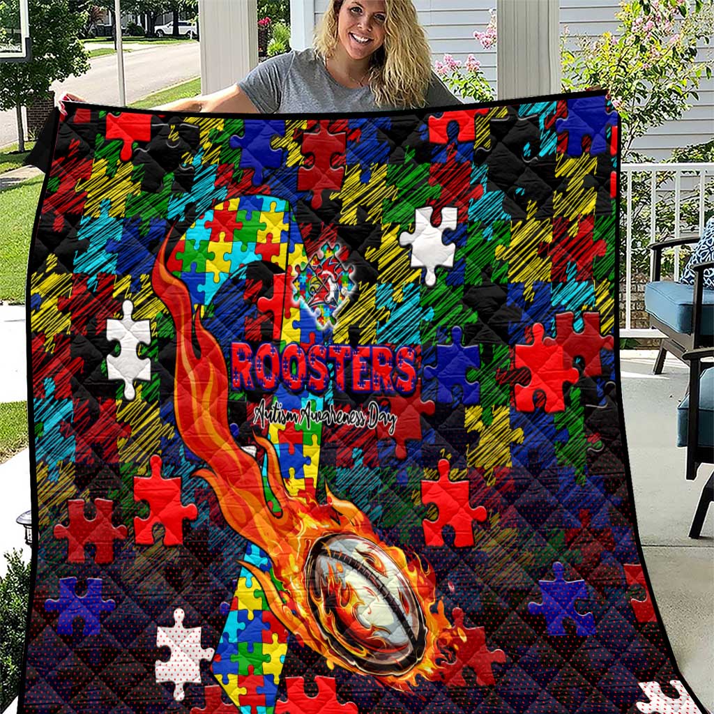 Roosters Autism Awareness Quilt Puzzle Flames Rugby Ball