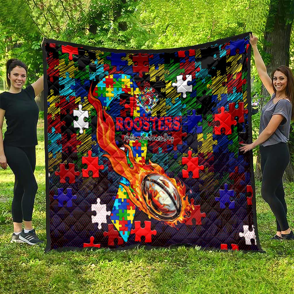 Roosters Autism Awareness Quilt Puzzle Flames Rugby Ball
