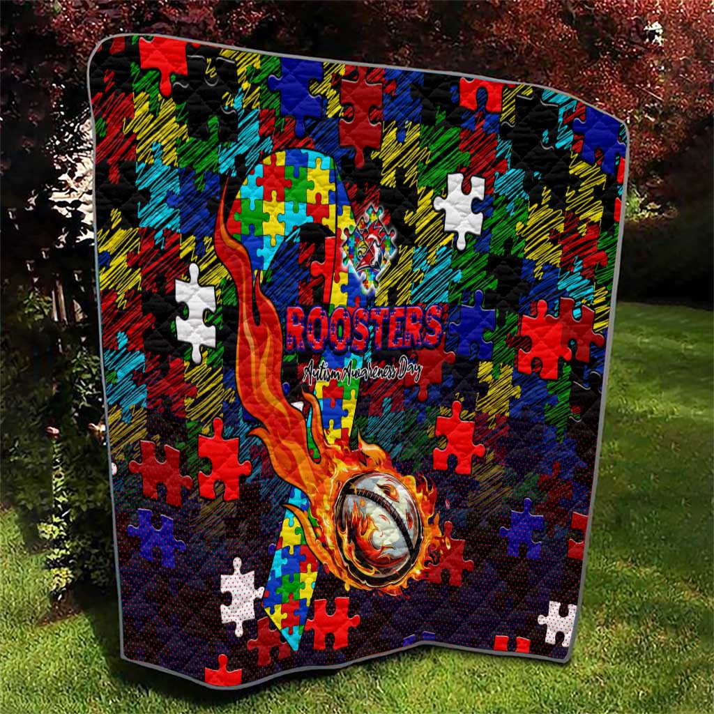 Roosters Autism Awareness Quilt Puzzle Flames Rugby Ball