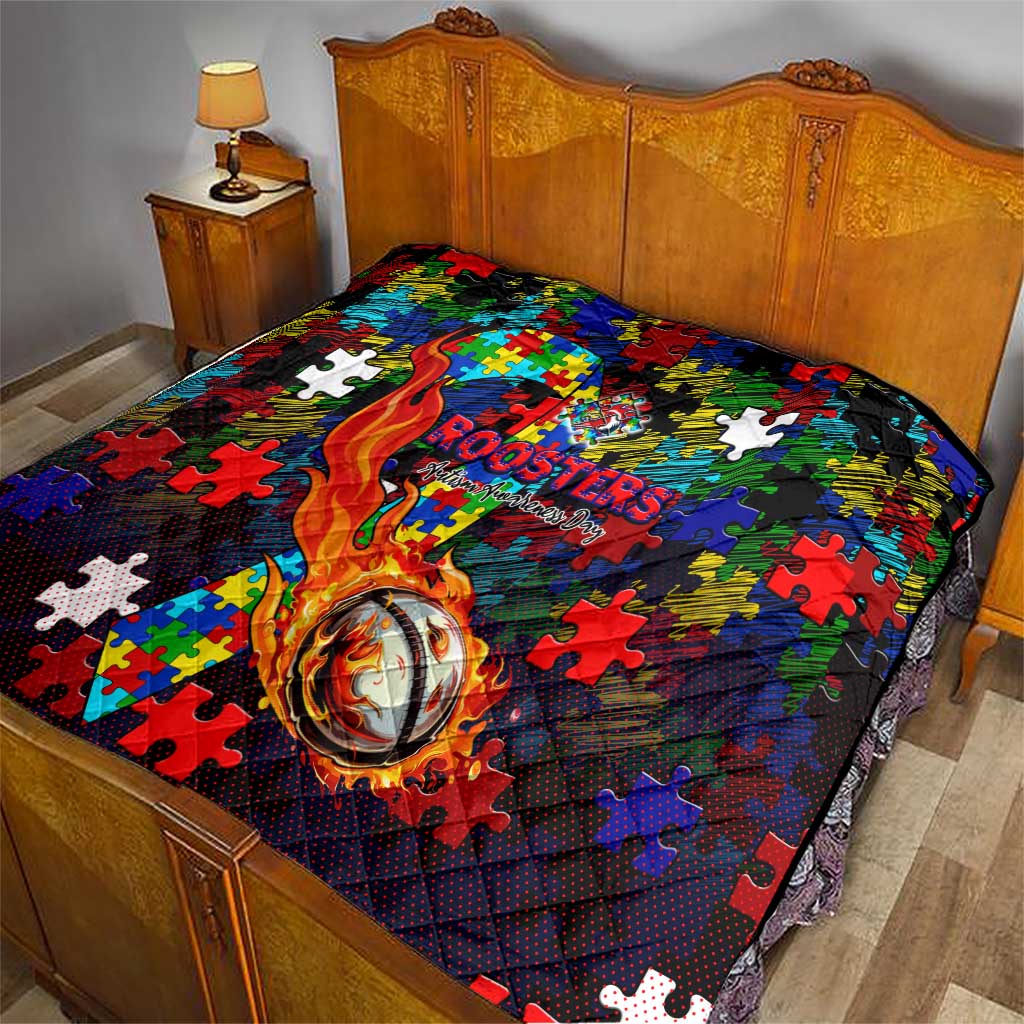 Roosters Autism Awareness Quilt Puzzle Flames Rugby Ball