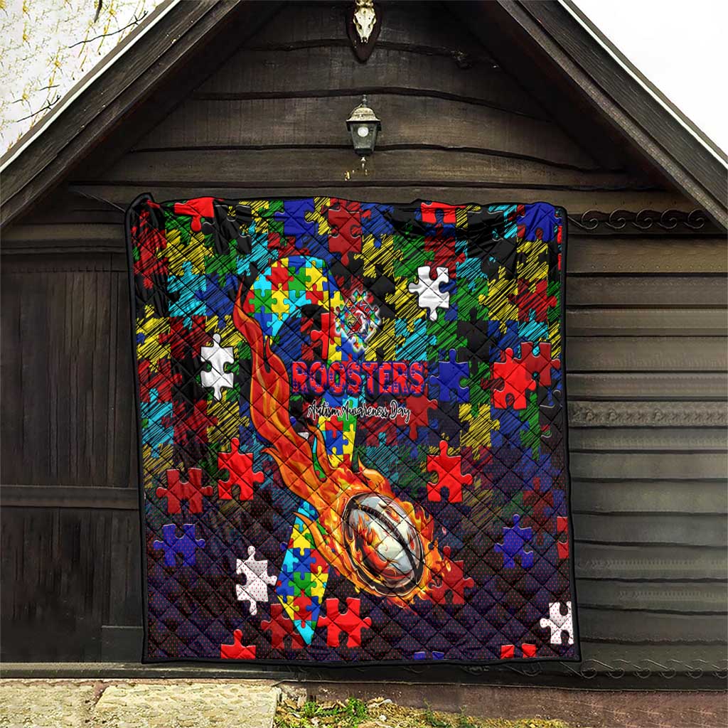 Roosters Autism Awareness Quilt Puzzle Flames Rugby Ball