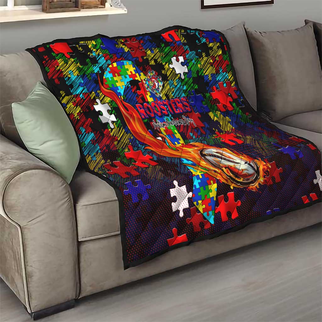Roosters Autism Awareness Quilt Puzzle Flames Rugby Ball