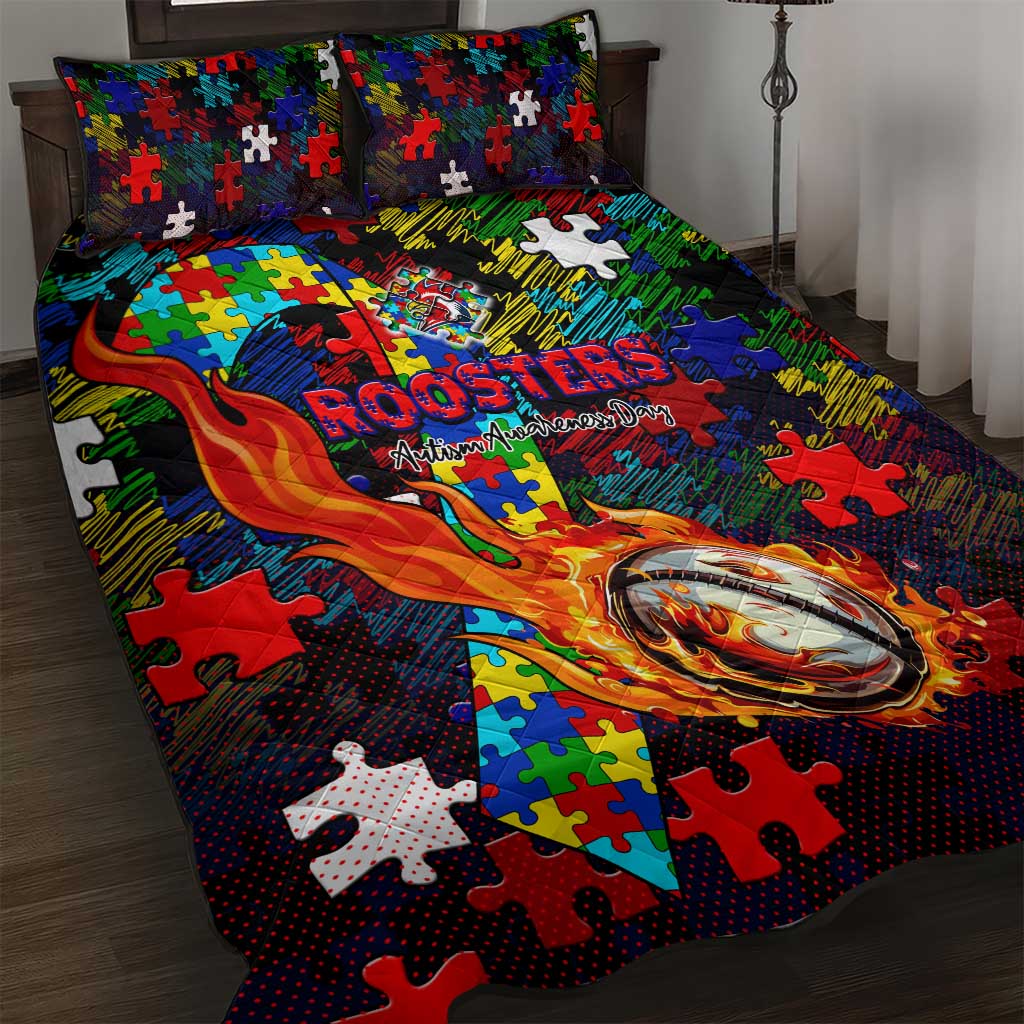 Roosters Autism Awareness Quilt Bed Set Puzzle Flames Rugby Ball