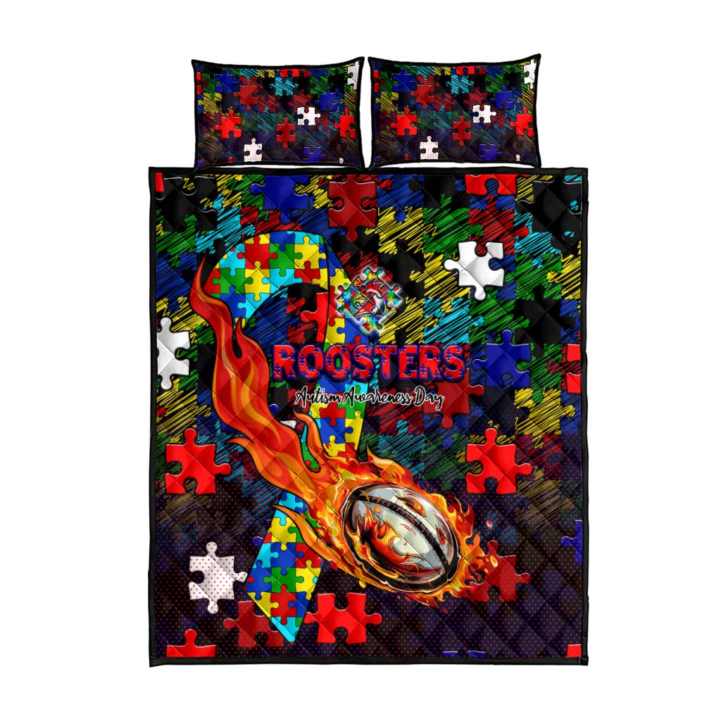 Roosters Autism Awareness Quilt Bed Set Puzzle Flames Rugby Ball