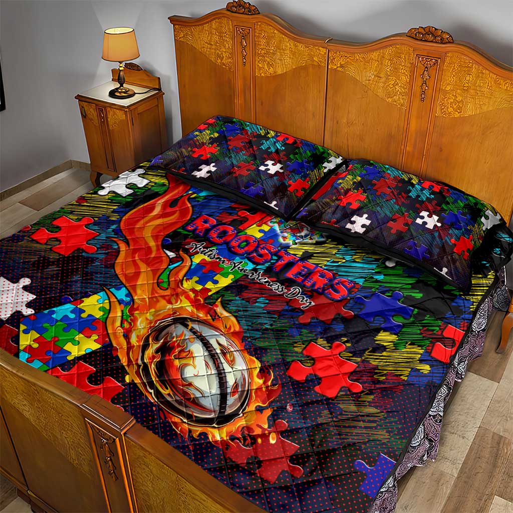 Roosters Autism Awareness Quilt Bed Set Puzzle Flames Rugby Ball