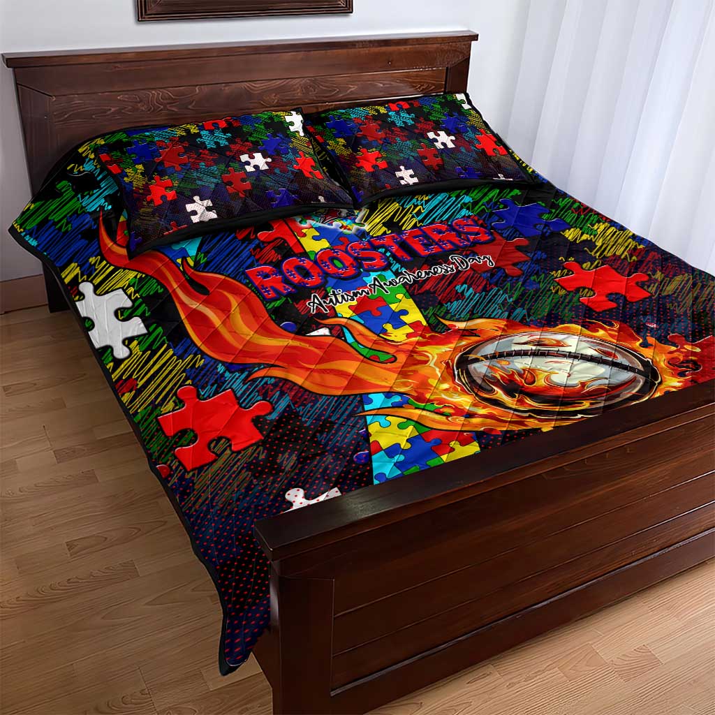 Roosters Autism Awareness Quilt Bed Set Puzzle Flames Rugby Ball