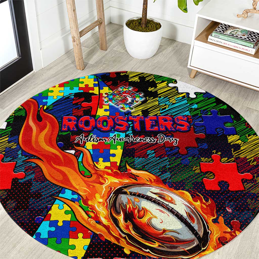 Roosters Autism Awareness Round Carpet Puzzle Flames Rugby Ball