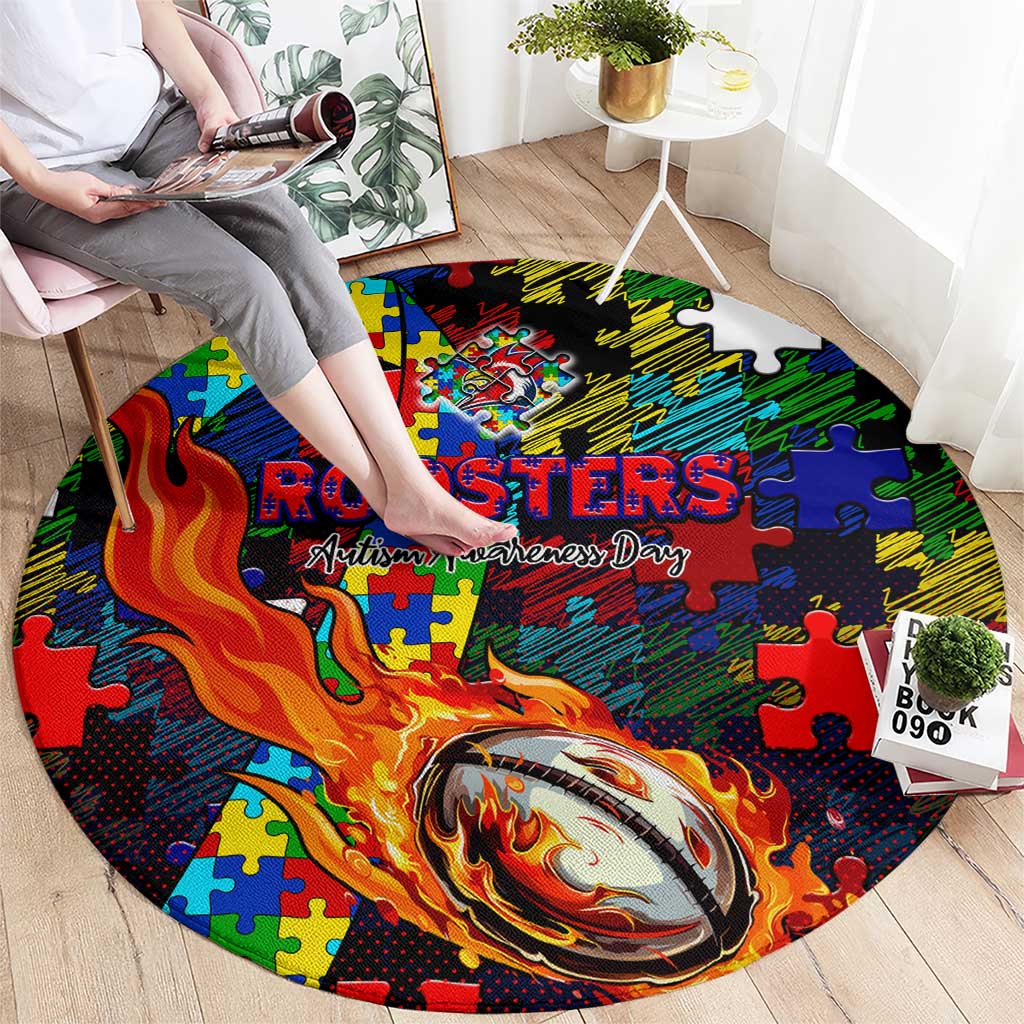 Roosters Autism Awareness Round Carpet Puzzle Flames Rugby Ball